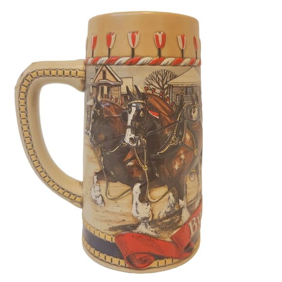 1986 BUDWEISER Holiday Beer Stein Mag Clydesdales Ceramarte Made B Series - Picture 1 of 10